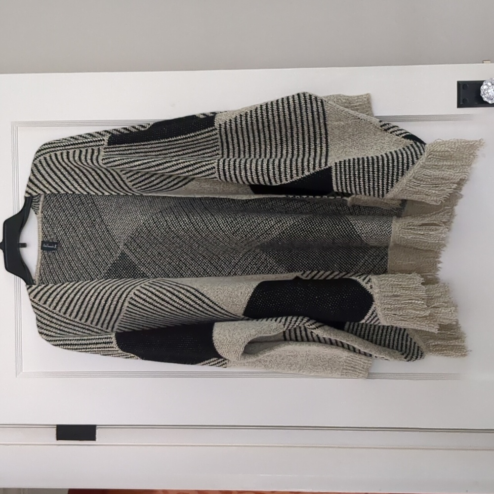 Oversized Black & Cream Sacred Threads Fringed Cardigan (size S/M)